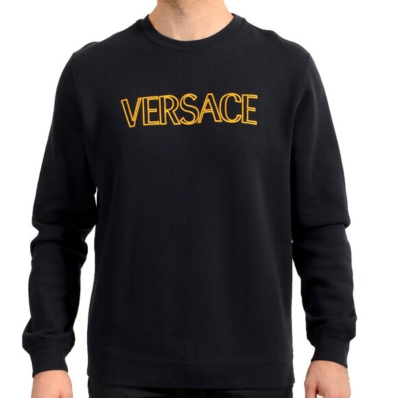 Versace Men's Navy Blue Logo Print Fleece Crewneck Sweatshirt US XL IT 54 - Picture 1 of 6